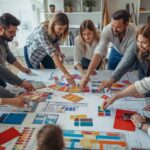 A group of interior design enthusiasts gathered around a large design table — looking at fabric samples, paint chips, and room plans together. Community, creativity, shared passion.