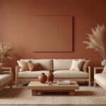 A living room showcasing 2025 earthy colour trends — walls in warm clay, furniture in natural linen and timber, terracotta accessories, dried botanicals. Rich, grounded, beautiful.