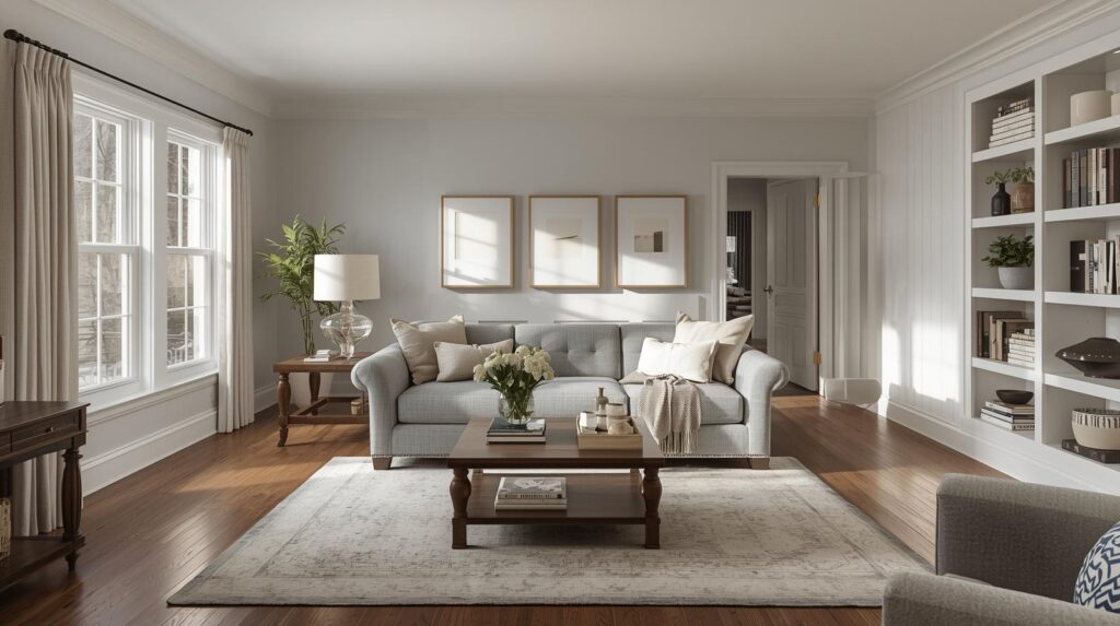 A north-facing living room painted in Shoji White SW 7042 — hardwood floors, gray sofa, natural linen cushions. Cool morning light. Calm, sophisticated, and airy.