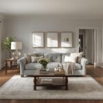 A north-facing living room painted in Shoji White SW 7042 — hardwood floors, gray sofa, natural linen cushions. Cool morning light. Calm, sophisticated, and airy.