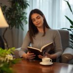A person sitting peacefully in a beautifully designed room — a book in hand, a cup of tea, warm lamp light, plants visible. The tangible emotional benefit of intentional interior design.