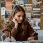 A person studying interior design with a mood board pinned to the wall behind them — fabric swatches, paint chips, and room photographs. Aspirational, warm, creative.