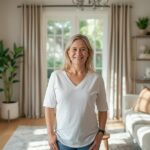 A satisfied homeowner standing in their freshly improved living room — smiling, natural light, visible MIPIMPROV changes including new curtains, a rug, and styled shelving.
