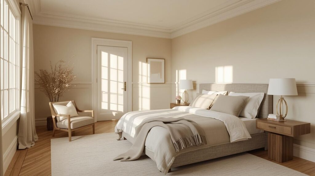 A south-facing bedroom painted in Alabaster SW 7008 in warm afternoon light — white oak floor, linen bedding, dried botanicals. The walls glow softly and warmly. Perfect contrast to the Shoji White image.