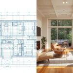 A split-perspective image_ one side showing an architectural drawing or floor plan, the other showing the finished, lived-in room. The gap between plan and reality that interior design bridges.