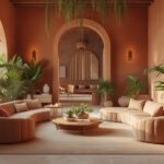 A stunning 2025 interior trend showcase — warm terracotta walls, curved furniture, abundant houseplants, natural materials, and warm ambient lighting. Aspirational, current, beautiful.