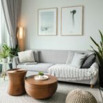 Modern living room with earthy colors and natural wood furniture