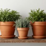 Three terracotta pots of varying sizes with plants arranged on a wooden shelf — demonstrating the MintpalDecor odd-number grouping principle with organic texture.