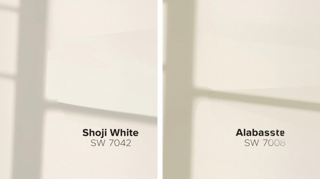 Two side-by-side painted wall swatches in natural light: Shoji White (SW 7042) on the left, Alabaster (SW 7008) on the right. Clear, well-lit, true-to-color comparison shot — editorial quality.