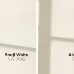 Two side-by-side painted wall swatches in natural light_ Shoji White (SW 7042) on the left, Alabaster (SW 7008) on the right. Clear, well-lit, true-to-color comparison shot
