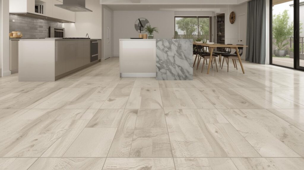 A beautiful modern kitchen with large-format porcelain tile flooring, showing clean grout lines and a seamless transition from the kitchen to a dining area.