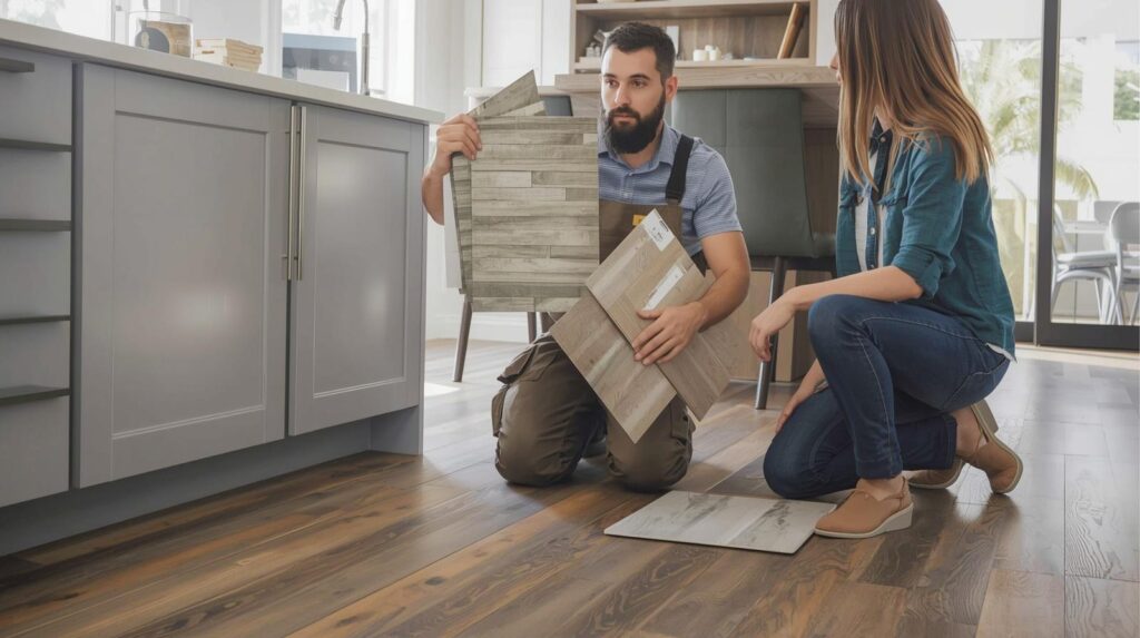 A flooring professional kneeling in a kitchen during an installation consultation, showing material samples including porcelain tile, LVP, and engineered hardwood to a homeowner.