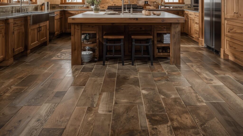 A high-end kitchen featuring natural slate tile flooring with a farmhouse aesthetic, showing the textured, layered surface and warm tones complementing wooden cabinetry.