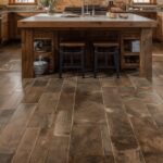 A high-end kitchen featuring natural slate tile flooring with a farmhouse aesthetic, showing the textured, layered surface and warm tones complementing wooden cabinetry.