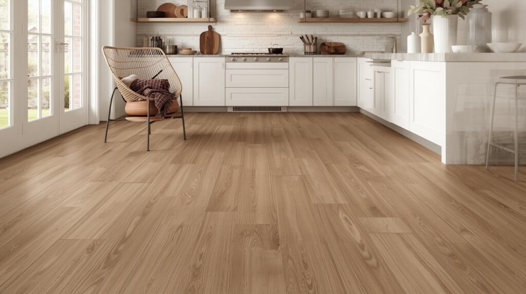 A warm, inviting kitchen interior featuring luxury vinyl plank flooring in a medium oak tone, with open shelving and white cabinetry above, demonstrating the realistic wood-look aesthetic.