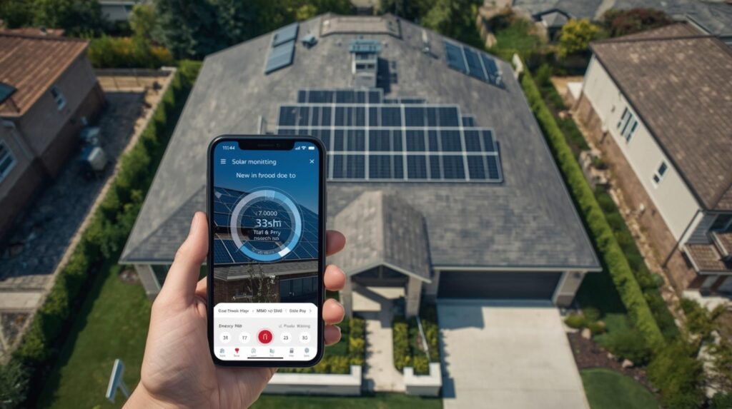 Aerial drone photo of a suburban home with a full rooftop solar panel array, with solar monitoring app displayed on a phone in the foreground