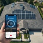 Aerial drone photo of a suburban home with a full rooftop solar panel array, with solar monitoring app displayed on a phone in the foreground