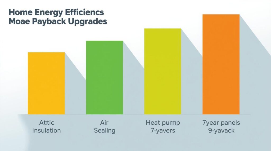 Bar chart infographic comparing payback periods: attic insulation (2 years), air sealing (3 years), heat pump (7 years), solar panels (9 years)
