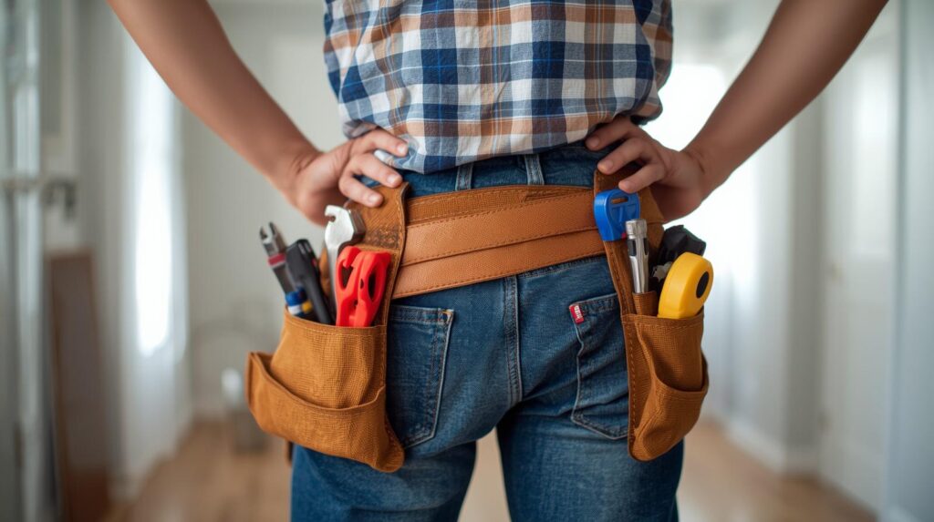 Beginner homeowner with tool belt and basic repair tools