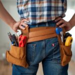 Beginner homeowner with tool belt and basic repair tools