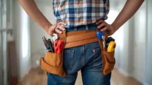 Beginner homeowner with tool belt and basic repair tools