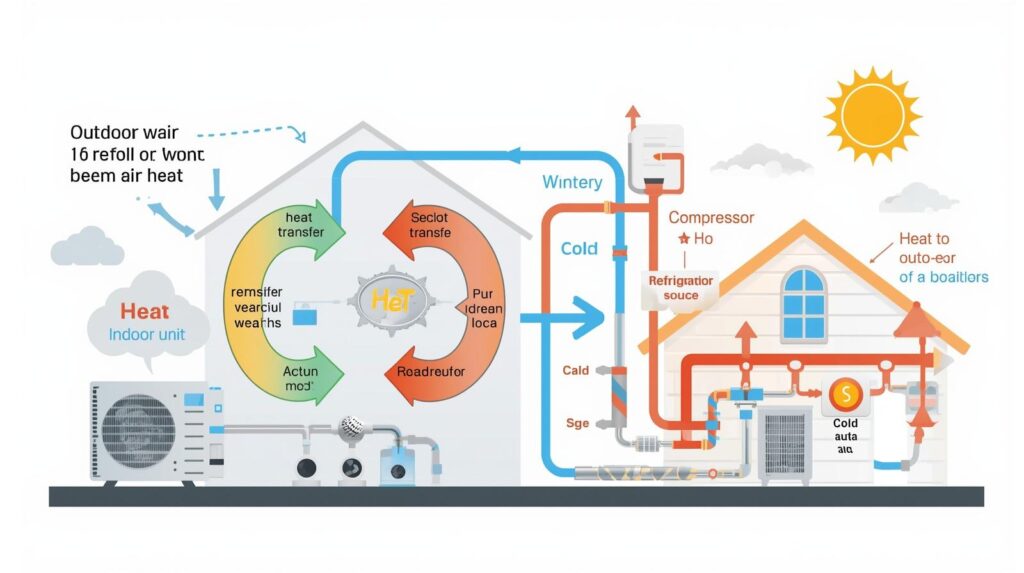 Diagram showing how an air-source heat pump moves heat from outdoor air into a home in winter and reverses the process in summer