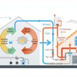 Diagram showing how an air-source heat pump moves heat from outdoor air into a home in winter and reverses the process in summer