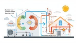 Diagram showing how an air-source heat pump moves heat from outdoor air into a home in winter and reverses the process in summer
