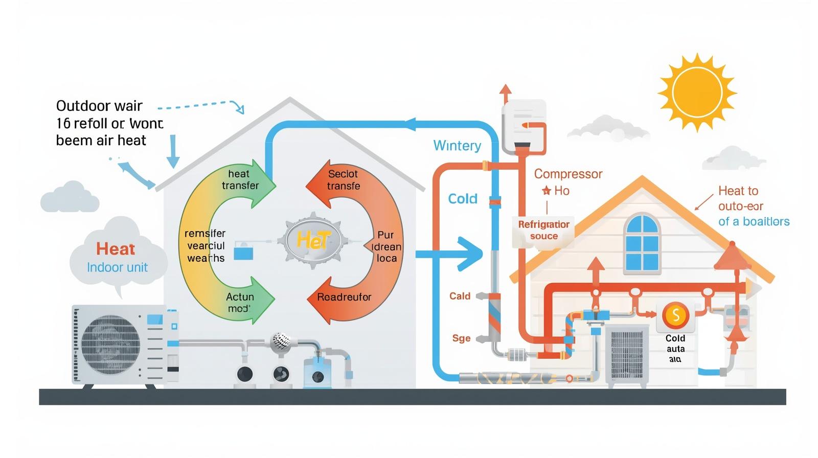 Diagram showing how an air-source heat pump moves heat from outdoor air into a home in winter and reverses the process in summer