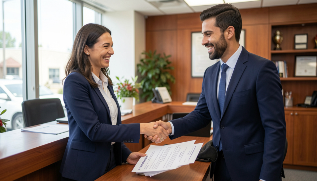 Happy buyer receiving a pre-approval letter and shaking hands with a loan officer at a bank