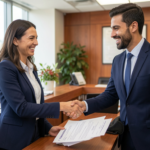 Happy buyer receiving a pre-approval letter and shaking hands with a loan officer at a bank