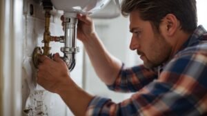 Homeowner performing plumbing maintenance tips to avoid expensive repairs task