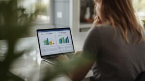 Homeowner reviewing side-by-side financial comparison charts for solar panel investment versus efficiency upgrade options on a laptop