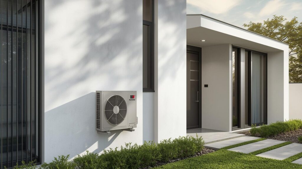 Modern home exterior showing a ductless mini-split heat pump outdoor unit mounted on the wall, with a clean contemporary house in the background