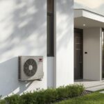 Modern home exterior showing a ductless mini-split heat pump outdoor unit mounted on the wall, with a clean contemporary house in the background