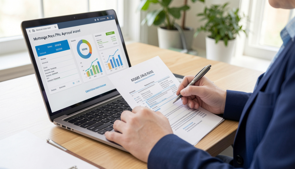Person reviewing financial documents and credit score on a laptop for mortgage pre-approval
