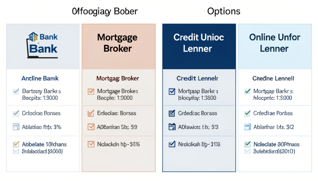 Side-by-side comparison of bank, mortgage broker, credit union, and online lender options