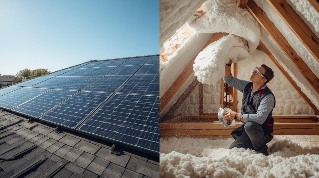 Side-by-side photo of rooftop solar panels on the left and a contractor installing blown-in attic insulation on the right