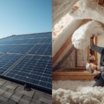 Side-by-side photo of rooftop solar panels on the left and a contractor installing blown-in attic insulation on the right