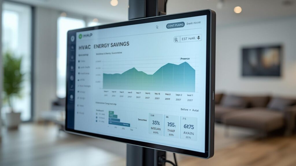 Smart home display showing HVAC energy savings dashboard with month-over-month comparison before and after heat pump installation