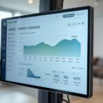 Smart home display showing HVAC energy savings dashboard with month-over-month comparison before and after heat pump installation