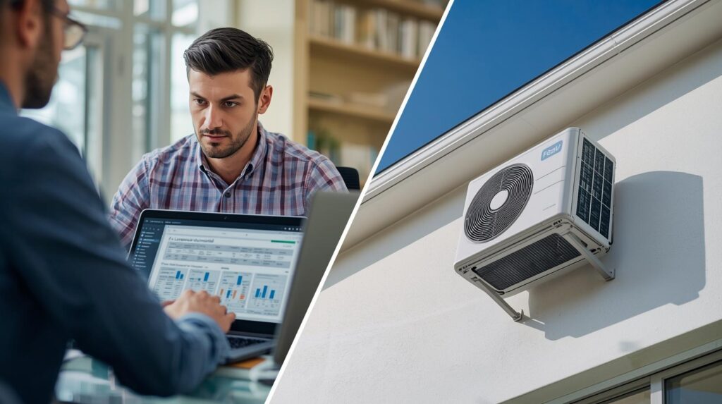 Split-screen image of a contractor performing a Manual J load calculation on a laptop alongside a heat pump outdoor unit being installed
