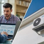 Split-screen image of a contractor performing a Manual J load calculation on a laptop alongside a heat pump outdoor unit being installed