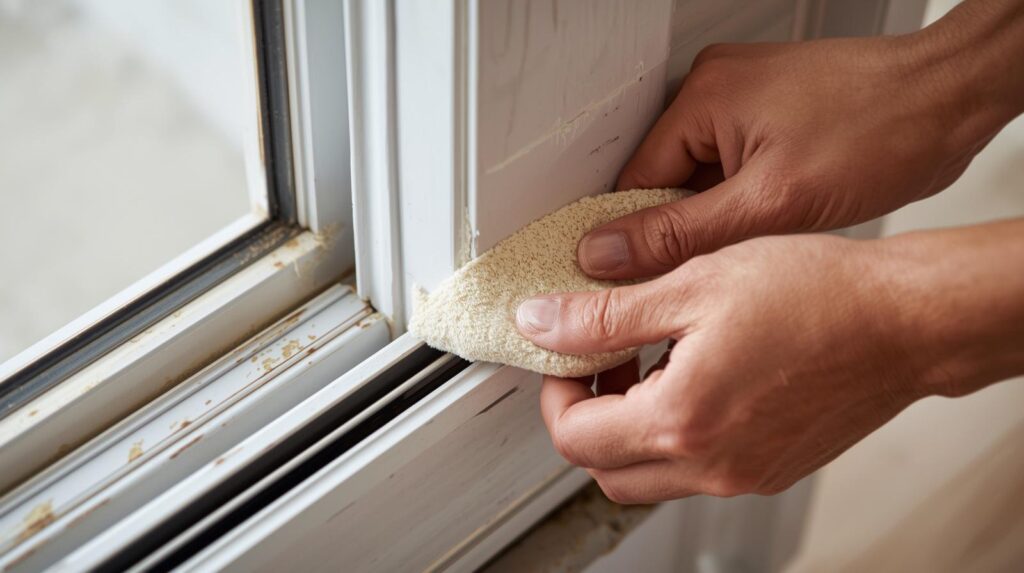 Weatherstripping being installed around a door frame