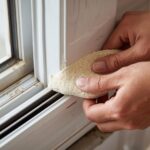 Weatherstripping being installed around a door frame
