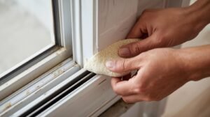Weatherstripping being installed around a door frame