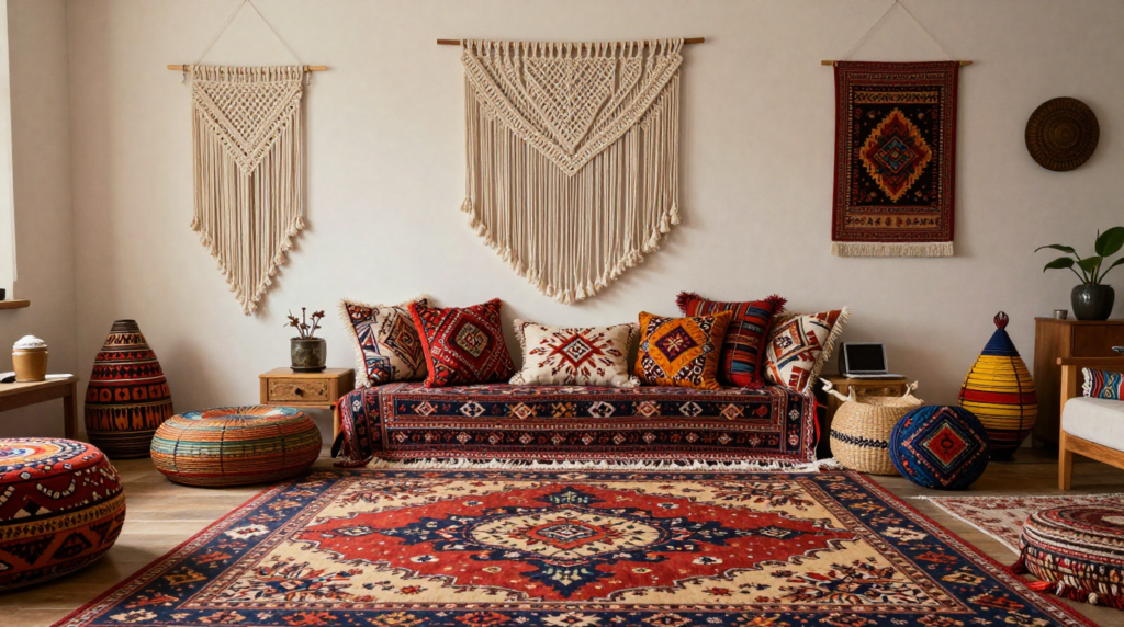 A bohemian living space with layered rugs, macrame wall hangings, and global-inspired decorative accents.