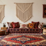 A bohemian living space with layered rugs, macrame wall hangings, and global-inspired decorative accents.