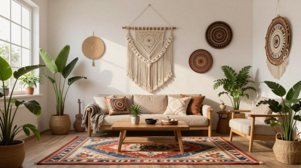 A bohemian living space with layered rugs, macrame wall hangings, and global-inspired decorative accents.