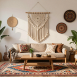 A bohemian living space with layered rugs, macrame wall hangings, and global-inspired decorative accents. (1)